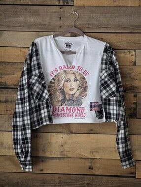 Upcycled  White Graphic Crop Top with Black Plaid Sleeves and Pink Accents